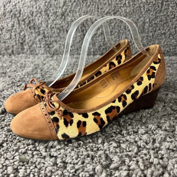 Sebago Surrey Tie Camel Hair Wedge Shoe Womens 8 Leather Suede Slip On Leopard - Picture 1 of 10